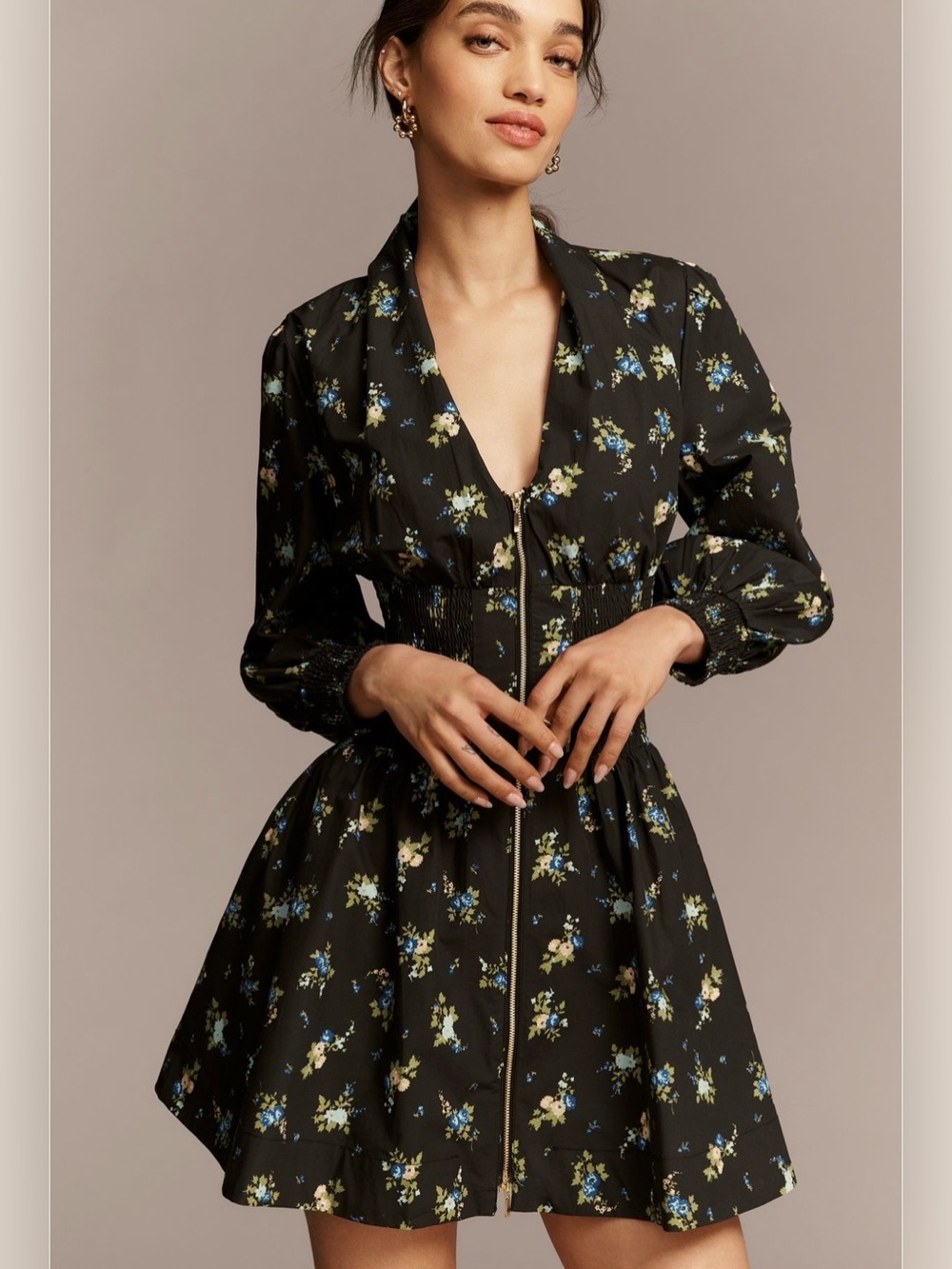 Tommie long sleeve smocked front zip mini shirt dress